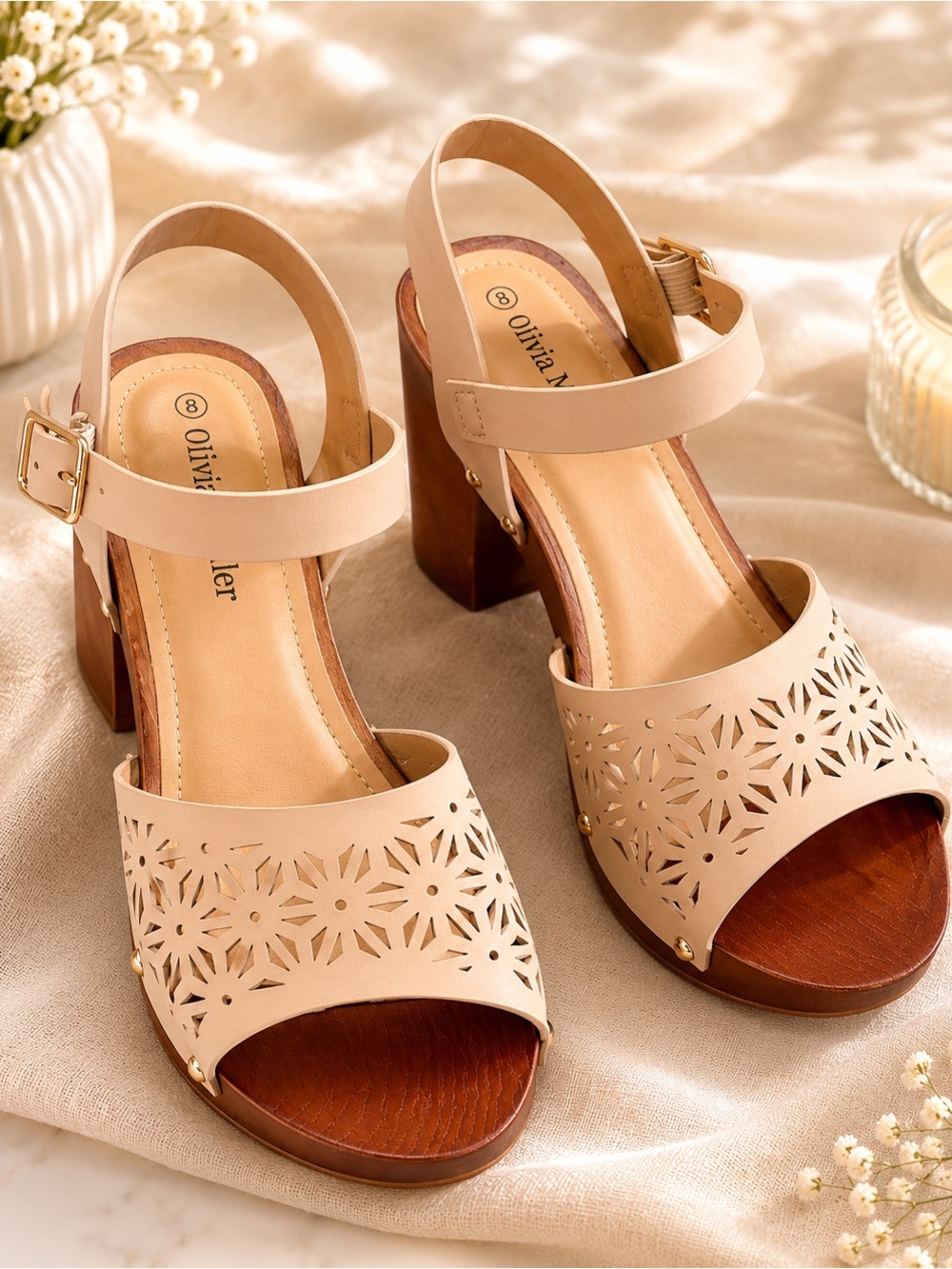 Olivia Miller Nude Laser-Cut Block Heel Sandals